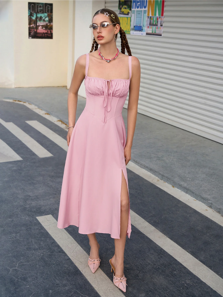 Ruched Bodice Split Thigh Cami Dress