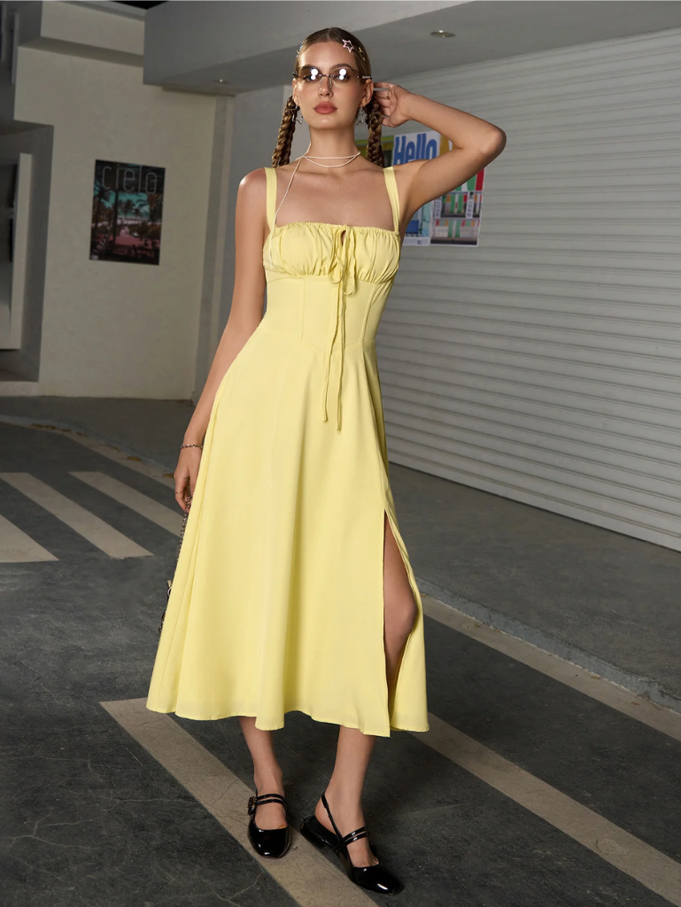 Ruched Bodice Split Thigh Cami Dress