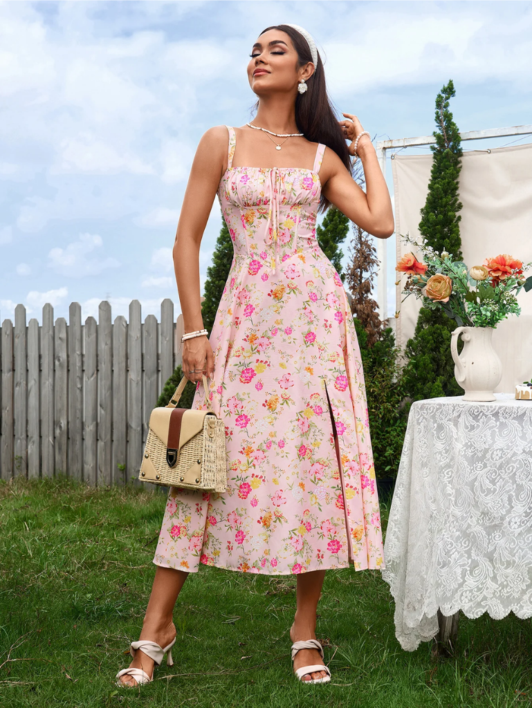 Ruched Bodice Split Thigh Cami Dress