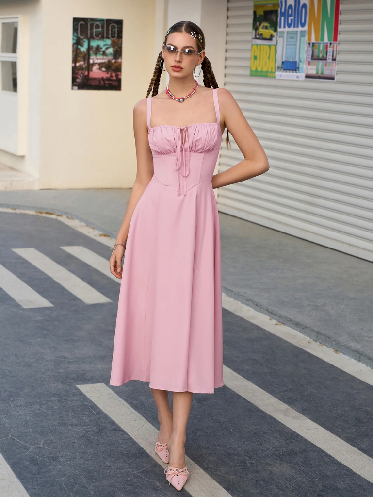 Ruched Bodice Split Thigh Cami Dress